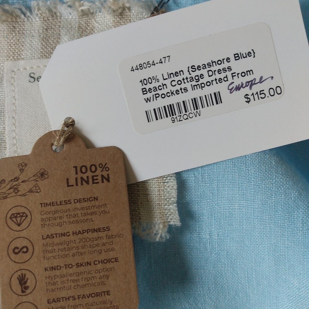 Nantucket Summer 100% Linen Sea Blue Beach Dress Classic House Picnic Cottage L - Picture 10 of 16